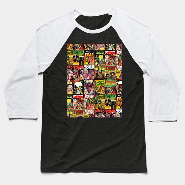 Creepy Comic Collage Baseball T-Shirt by Adatude